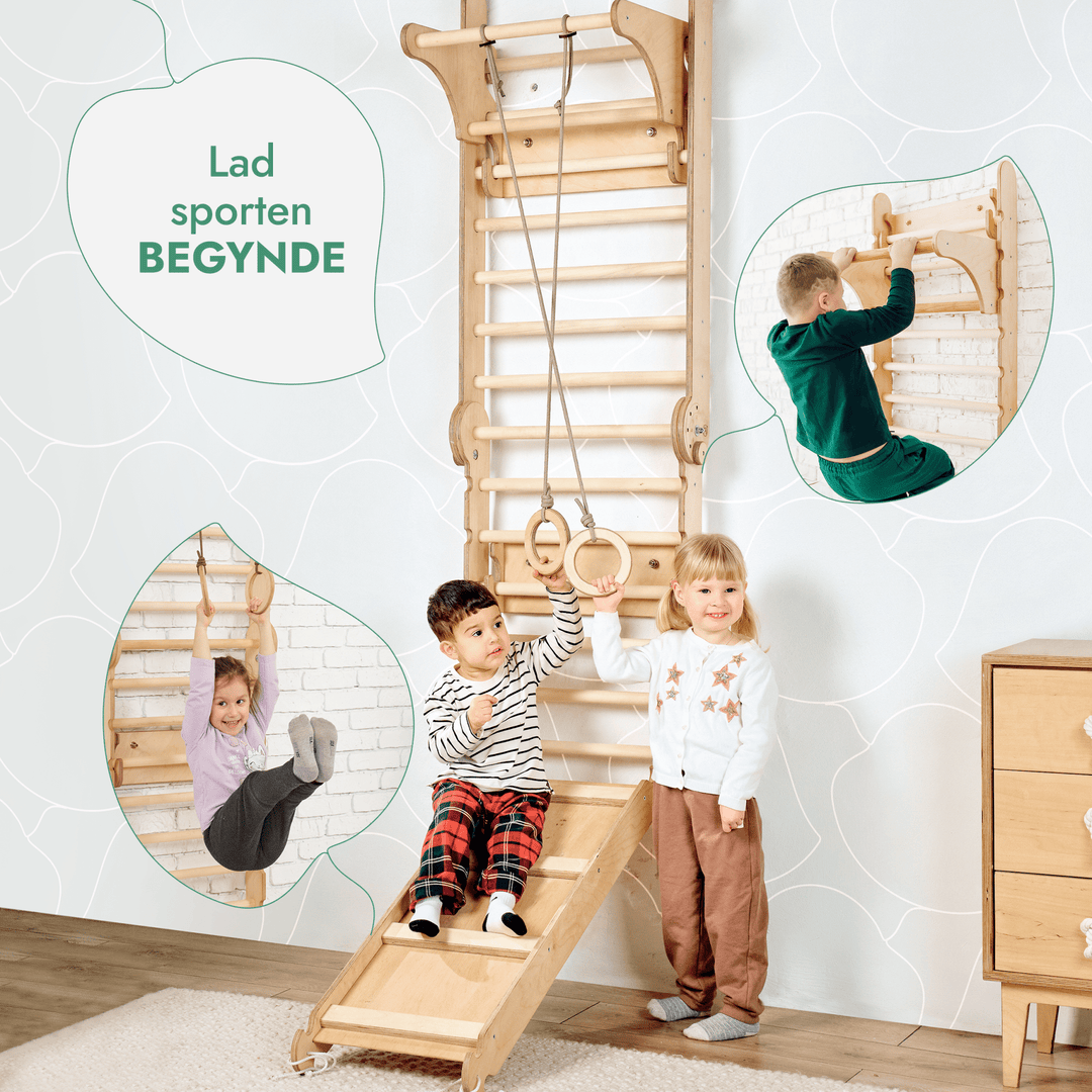 6i1: Svensk Trævæg / Klatrestige til børn + Gyngestativ + Rutsjebane - Goodevas DK