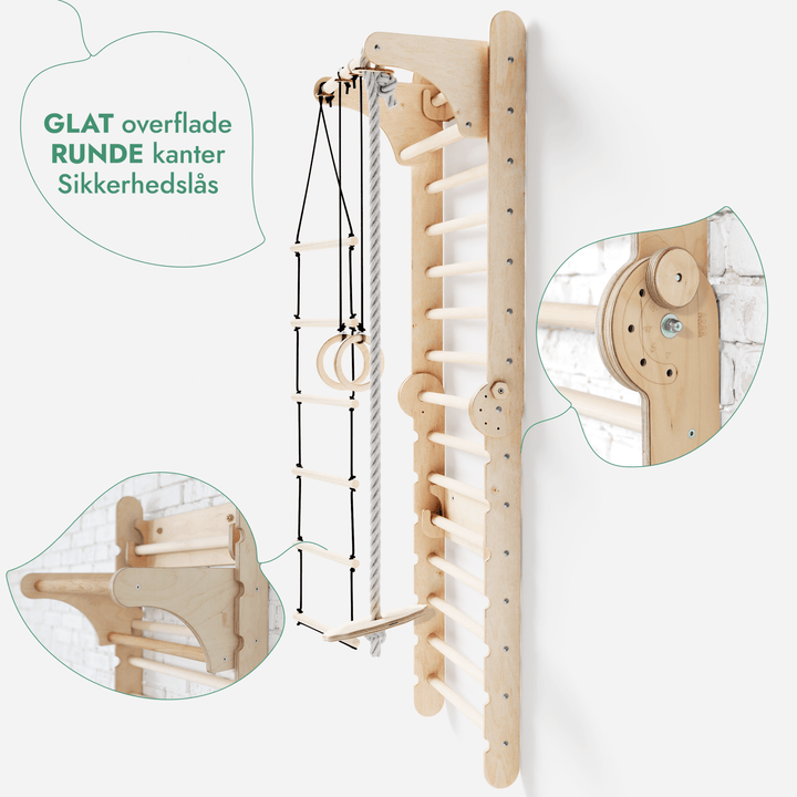 6i1: Svensk Trævæg / Klatrestige til børn + Gyngestativ + Rutsjebane - Goodevas DK