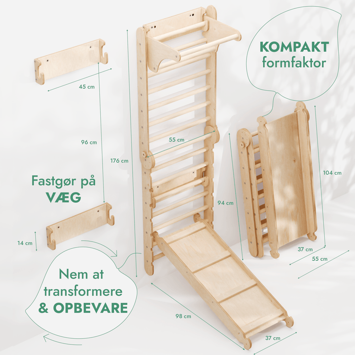 6i1: Svensk Trævæg / Klatrestige til børn + Gyngestativ + Rutsjebane - Goodevas DK