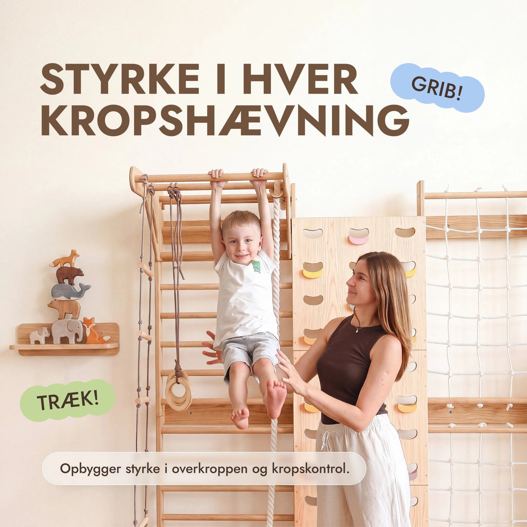 7-in-1 Klatrevæg til børn: ribbe, klatrenet, pull up-stang & 3i1 gyngesæt - Goodevas DK