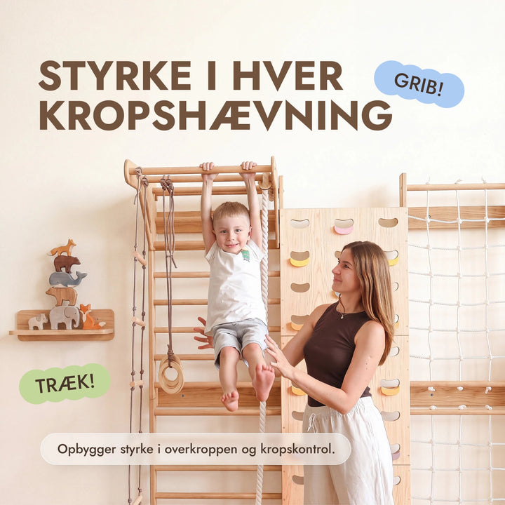 7-in-1 Klatrevæg til børn: ribbe, klatrenet, pull up-stang & 3i1 gyngesæt - Goodevas DK
