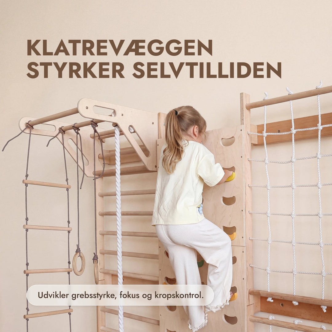 7-in-1 Klatrevæg til børn: ribbe, klatrenet, pull up-stang & 3i1 gyngesæt - Goodevas DK