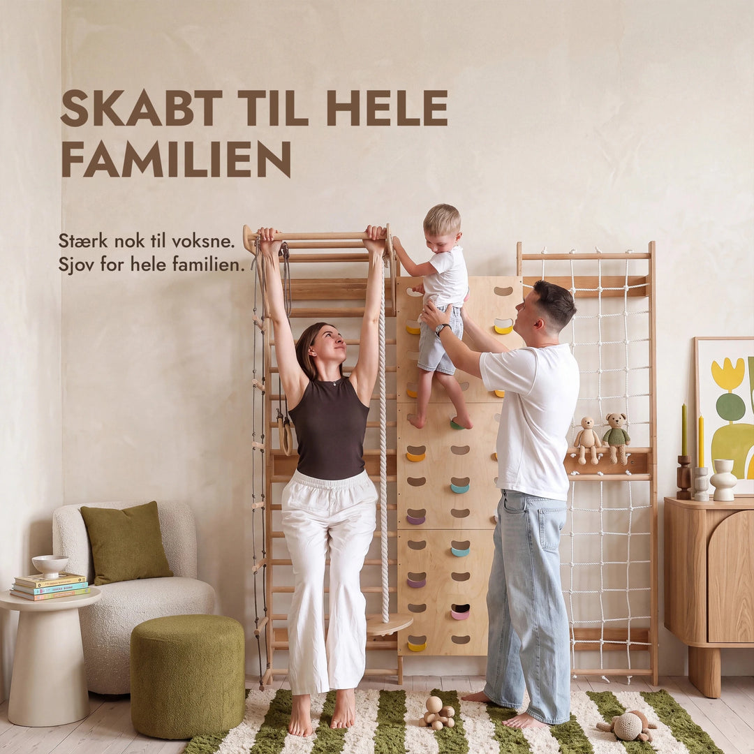 7-in-1 Klatrevæg til børn: ribbe, klatrenet, pull up-stang & 3i1 gyngesæt - Goodevas DK