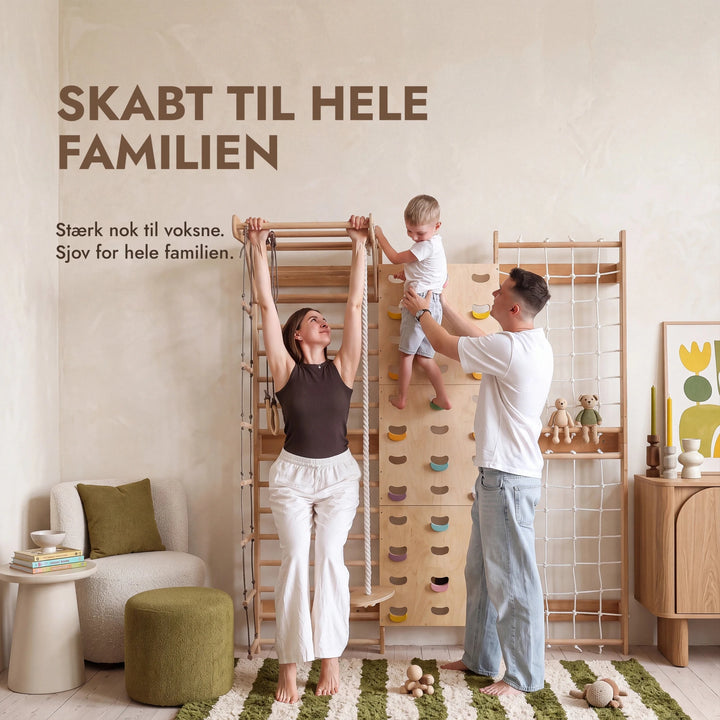 7-in-1 Klatrevæg til børn: ribbe, klatrenet, pull up-stang & 3i1 gyngesæt - Goodevas DK