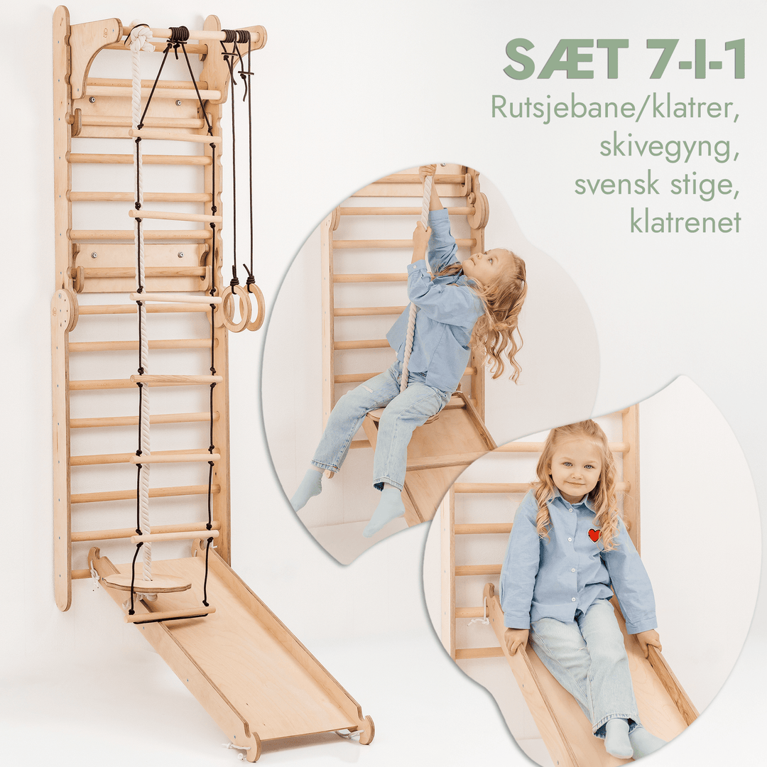 7in1: Svensk Trævæg / Klatrestige til børn + Gyngestativ + Rutsjebane+ Kunst Tilføjelse - Goodevas DK