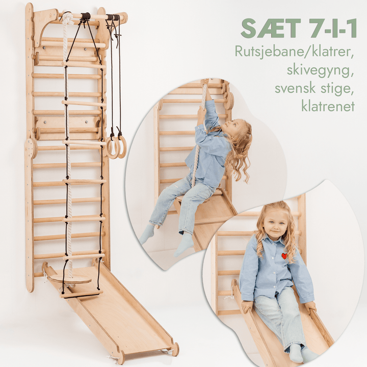 7in1: Svensk Trævæg / Klatrestige til børn + Gyngestativ + Rutsjebane+ Kunst Tilføjelse - Goodevas DK