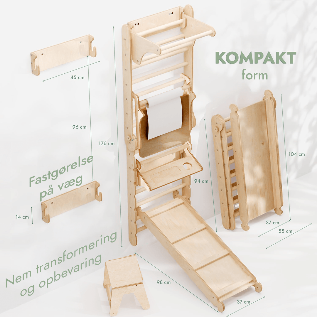 7in1: Svensk Trævæg / Klatrestige til børn + Gyngestativ + Rutsjebane+ Kunst Tilføjelse - Goodevas DK