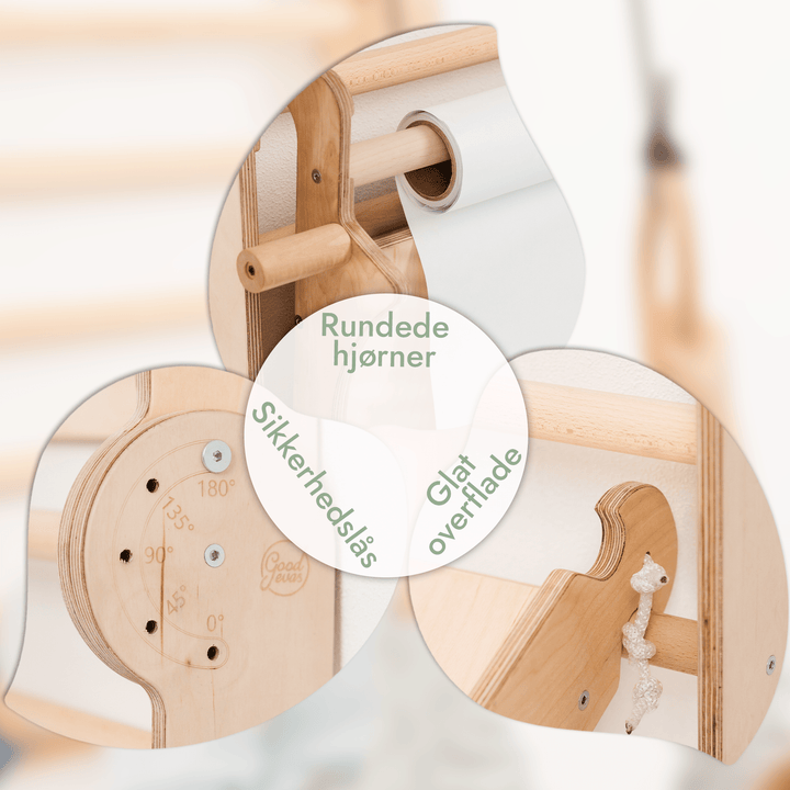 7in1: Svensk Trævæg / Klatrestige til børn + Gyngestativ + Rutsjebane+ Kunst Tilføjelse - Goodevas DK