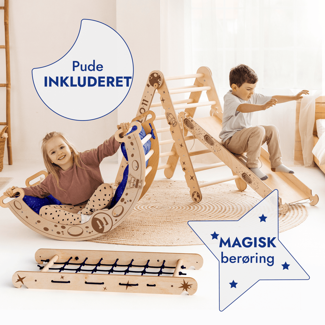Apollo 5 - i - 1 Klatresæt: Pikler - trekant, Net, Klatrebue, Rutsjebræt og Pude til Små Astronauter - Goodevas DK