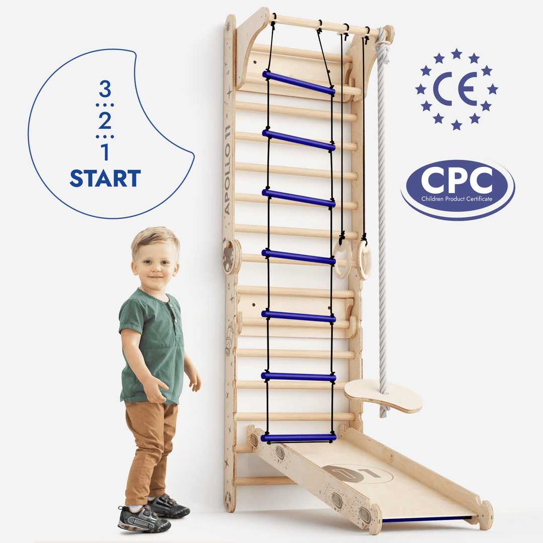 Apollo Ribbevæg / Klatrestige til Små Astronauter + Måne - gynge Sæt + Rutsjebræt - Goodevas DK