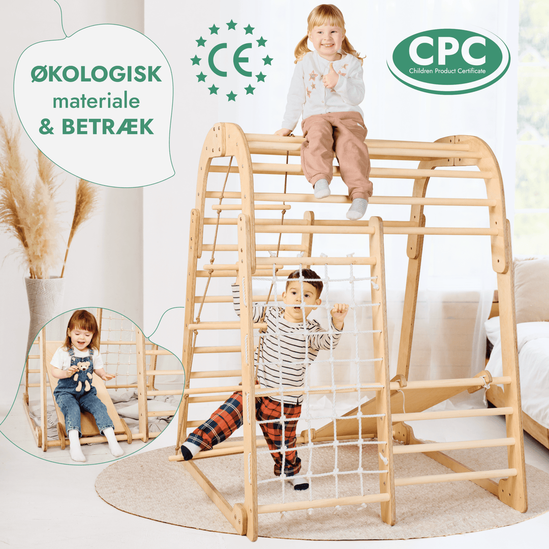 Indendørs Trælegeplads til børn - 6i1 legeplads + Gyngestativ + Rutsjebane - Goodevas DK