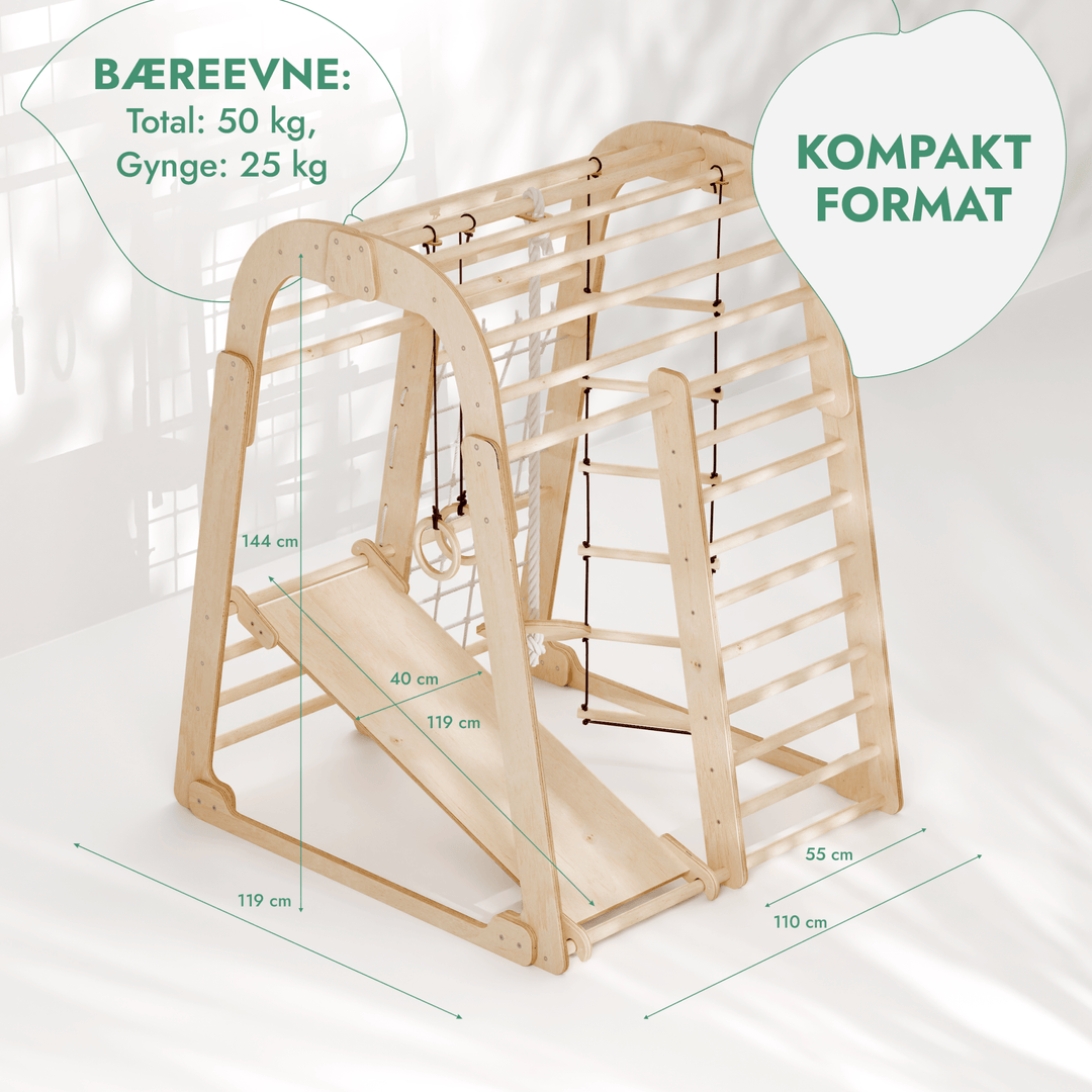Indendørs Trælegeplads til børn - 6i1 legeplads + Gyngestativ + Rutsjebane - Goodevas DK