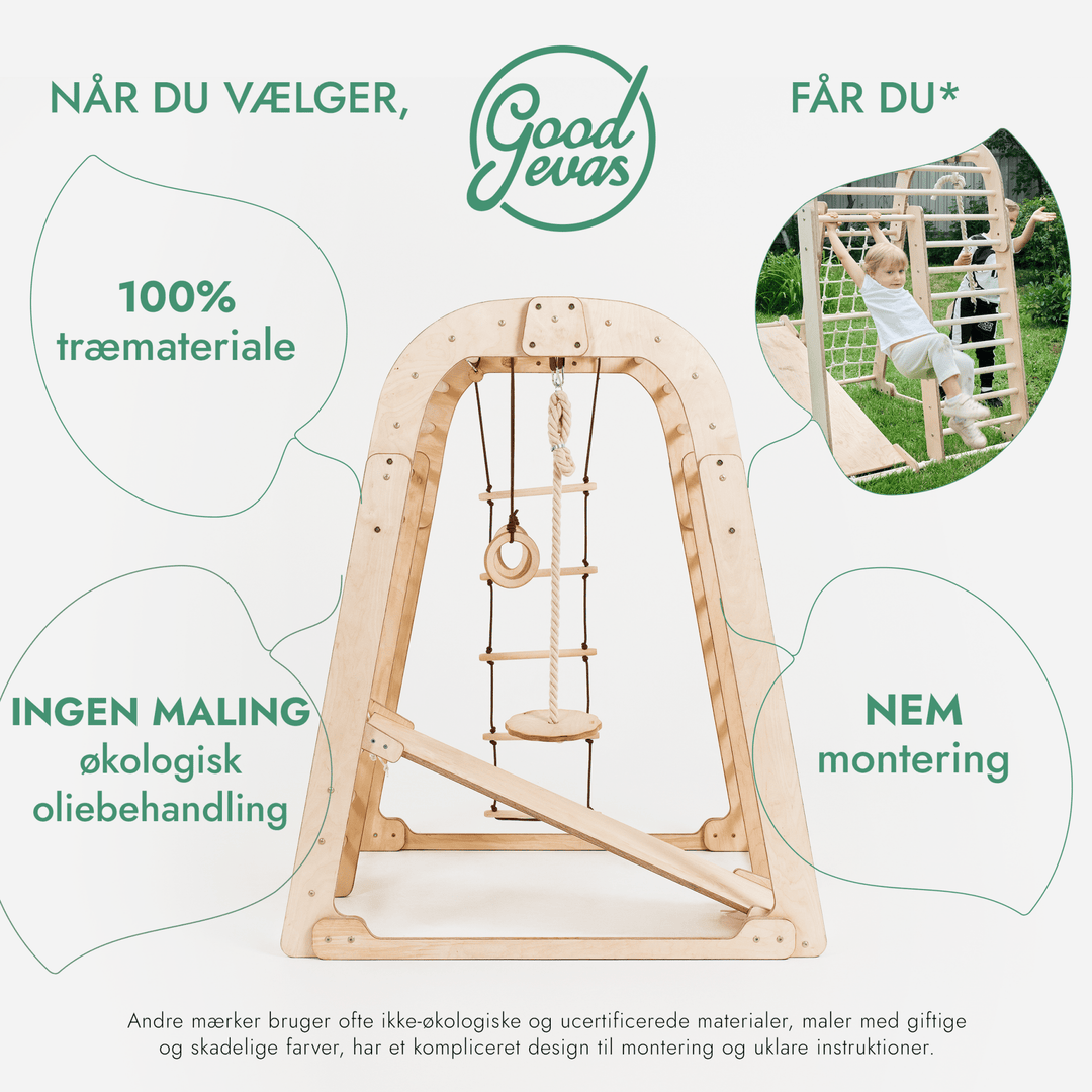 Indendørs Trælegeplads til børn - 6i1 legeplads + Gyngestativ + Rutsjebane - Goodevas DK