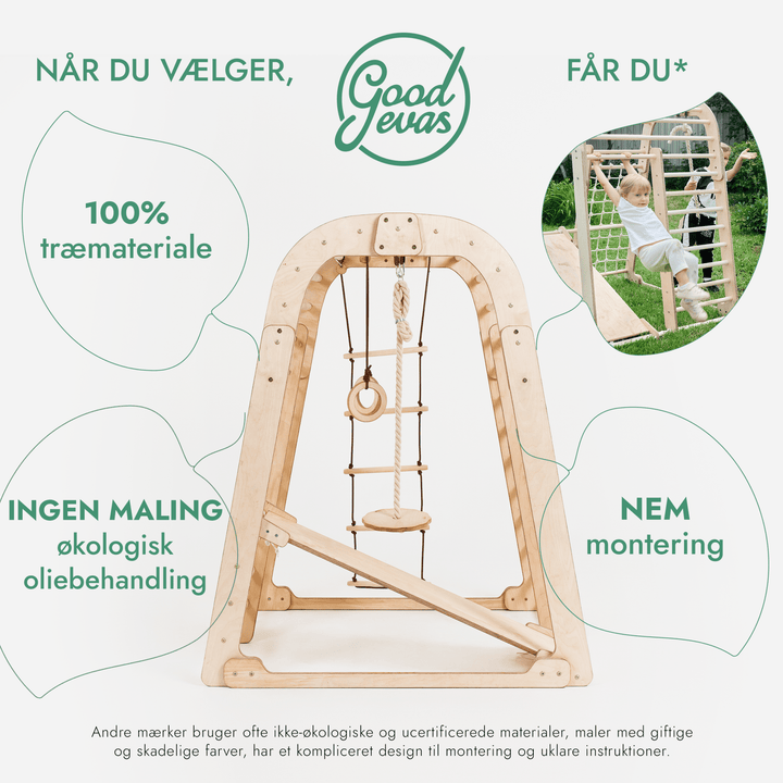 Indendørs Trælegeplads til børn - 6i1 legeplads + Gyngestativ + Rutsjebane - Goodevas DK