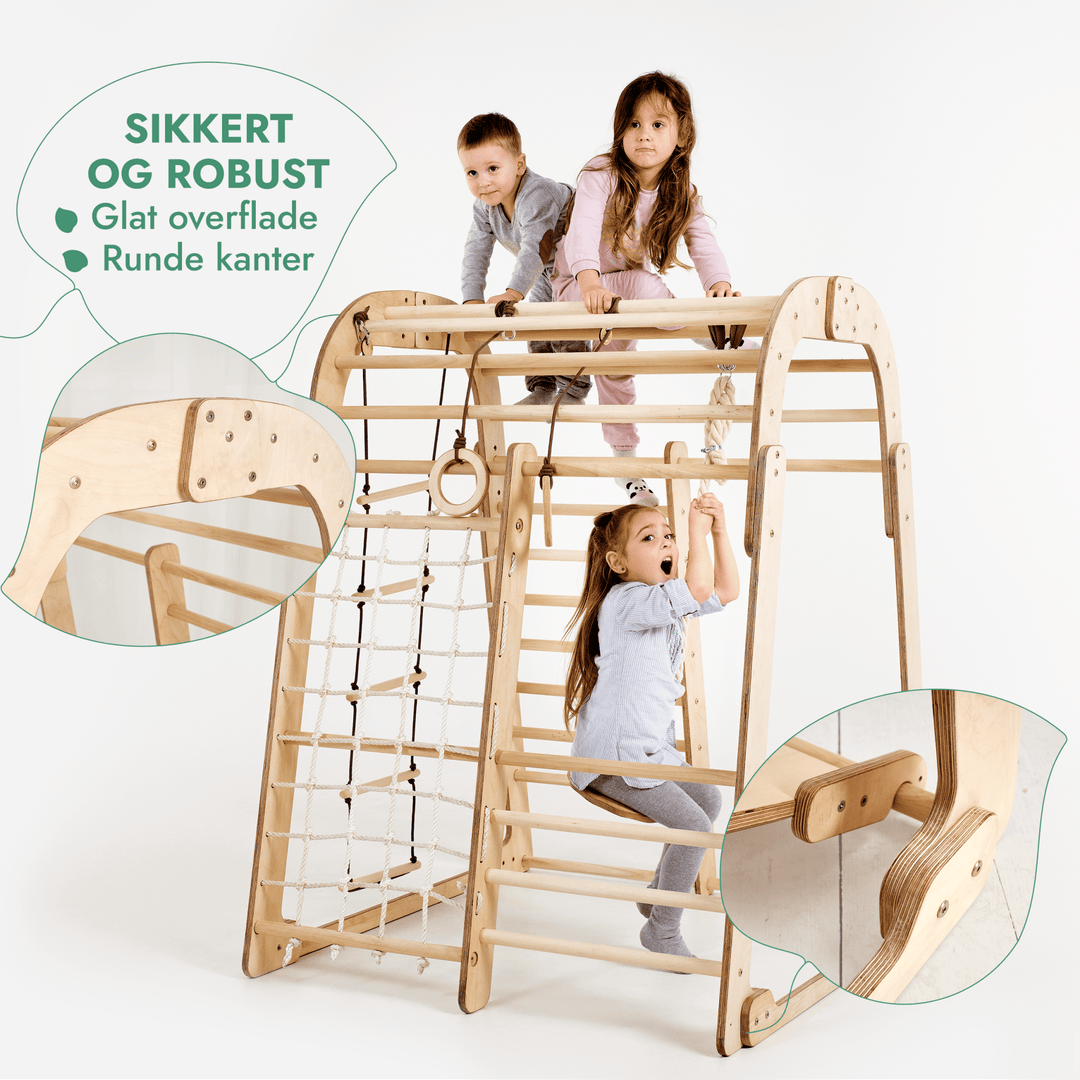 Indendørs Trælegeplads til børn - 6i1 legeplads + Gyngestativ + Rutsjebane - Goodevas DK