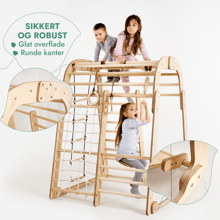 Indendørs Trælegeplads til børn - 6i1 legeplads + Gyngestativ + Rutsjebane - Goodevas DK