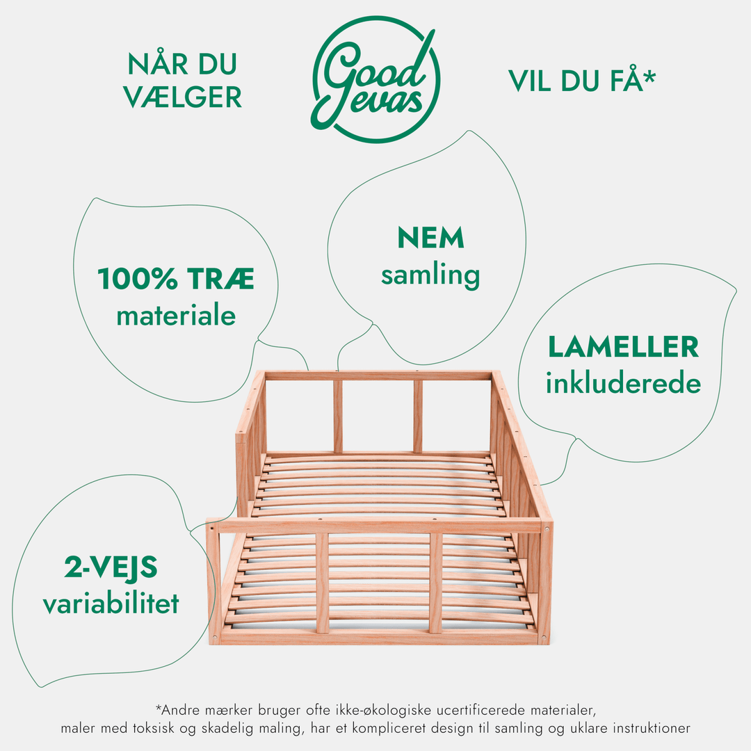 Montessori gulvsengeramme til småbørn med hegn - Goodevas DK
