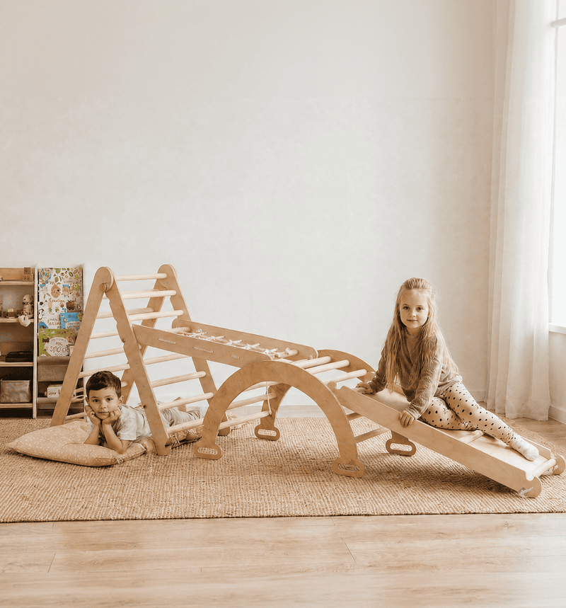 5-i-1 Montessori-klatrestativsæt: Trekantstige + Bue/Vippe + Rutsjebane/Rampe + Netreb + Pude