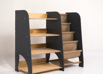 2-I-1 Montessori-reoler i træ: Reol til bøger og legetøj